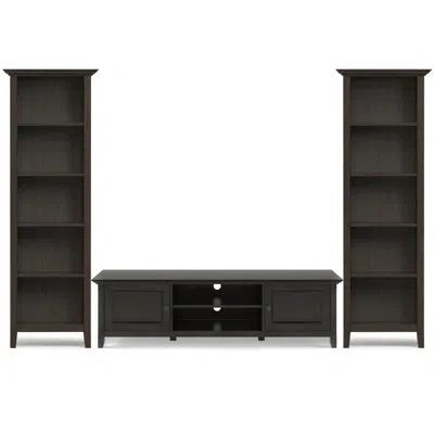 Simpli Home Amherst Solid Wood Transitional 72 Inch Wide Low Tv Stand With Two 24 Inch Wide 5 Shelf Bookcases In In Hickory Brown