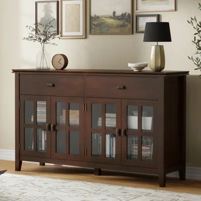 Simpli Home Artisan 60"w Solid Wood 4-door Sideboard Buffet With Tempered Glass Doors And 2 Drawers In Russet Brown