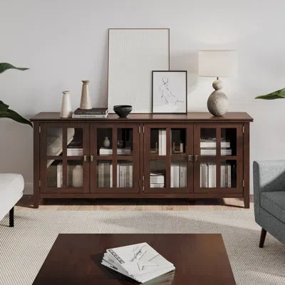 Simpli Home Artisan 66"w Solid Wood Transitional Wide Storage Cabinet With Glass Doors And Adjustable Shelves In Brown