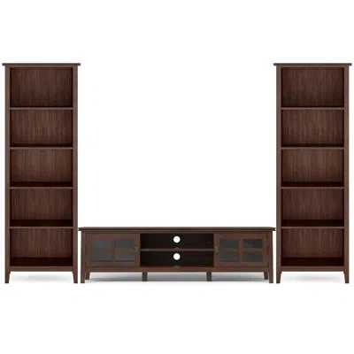 Simpli Home Artisan Solid Wood Contemporary 72 Inch Wide Low Tv Stand With Two 26 Inch Wide 5 Shelf Bookcases In In Russet Brown