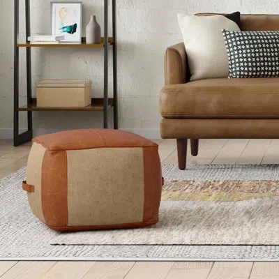 Simpli Home Atkinson 18"w Genuine Leather Round Pouf In Tan