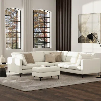 Simpli Home Ava Large Mid Century Corner Sectional, L-shaped Sofa With Performance Fabric And Reversible Cushion In Cream