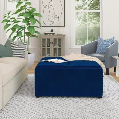 Simpli Home Avalon 35"w Upholstered Velvet Modern Square Coffee Table Storage Ottoman With 4 Flip-over Trays In Blue