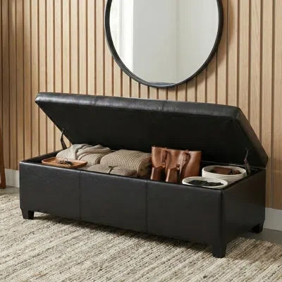 Simpli Home Avalon 48"w Upholstered Contemporary Rectangular Lift-top Storage Ottoman Bench With High-density Fo In Midnight Black Faux Leather