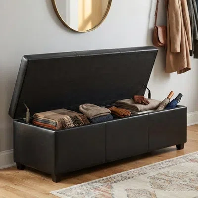 Simpli Home Avalon 54"w Upholstered Vegan Leather Contemporary Rectangular Lift-top Storage Ottoman Bench With H In Black