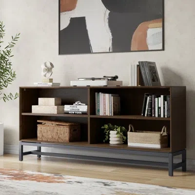 Simpli Home Banting 30"h Solid Wood Modern Industrial Low Bookshelf With Wide Frame And Metal Base In Brown