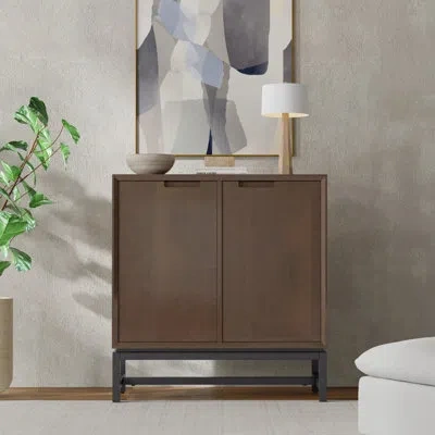 Simpli Home Banting 39"w Solid Wood Modern Industrial Medium Storage Cabinet With Metal Base And Adjustable Shel In Walnut Brown