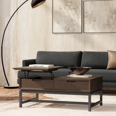 Simpli Home Banting 48"w Solid Wood And Metal Modern Industrial Lift Top Coffee Table With Pop-up Storage And Op In Walnut Brown