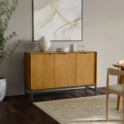 Simpli Home Banting 58"w Solid Wood Modern Industrial 3-door Sideboard Buffet With Metal Frame And Legs In Natural Oak