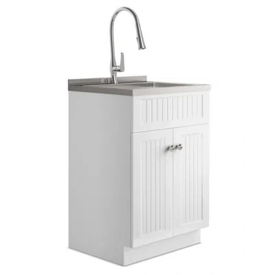 Simpli Home Beckham 24"w Utility Sink & Laundry Cabinet With High Arc Faucet And Stainless Steel Sink, White