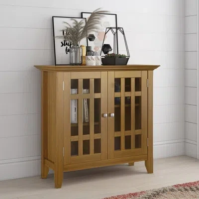 Simpli Home Bedford 32"w Solid Wood Transitional Low Media Cabinet With Glass Doors And Adjustable Shelves In Light Golden Brown