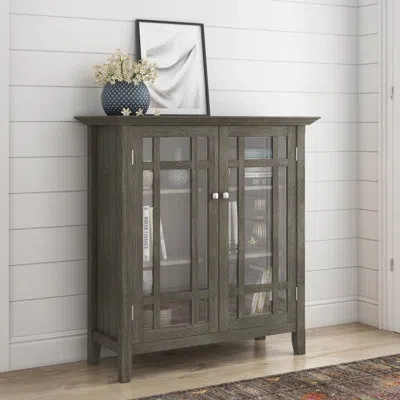 Simpli Home Bedford 39"w Solid Wood Transitional Medium Display Cabinet With Glass Doors And Adjustable Shelves In Farmhouse Gray