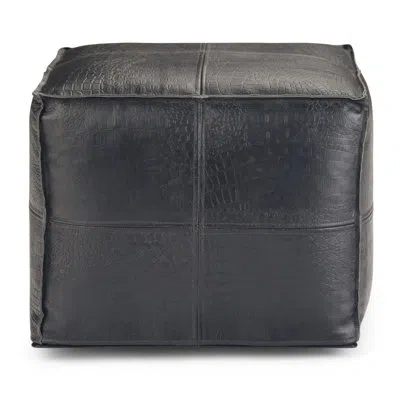 Simpli Home Bowen 18"w Square Pouf In Black Genuine Leather,genuine Leather