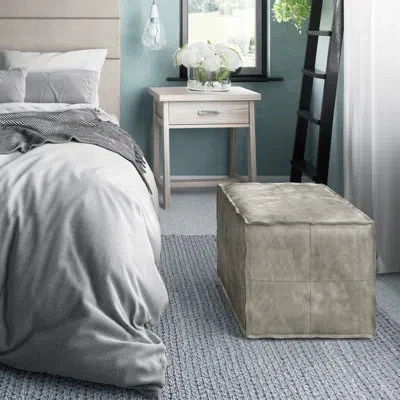 Simpli Home Brody 18" Wide Faux Leather Square Pouf Ottoman In Distressed Gray