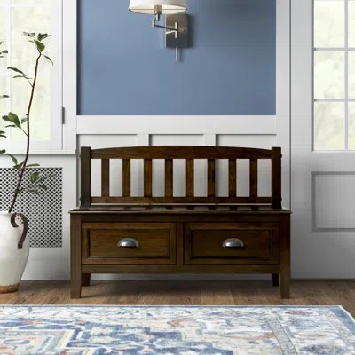 Simpli Home Burlington 42"w Solid Wood Transitional Storage Bench With Drawers, Bronze Handles And Tapered Legs In Mahogany Brown