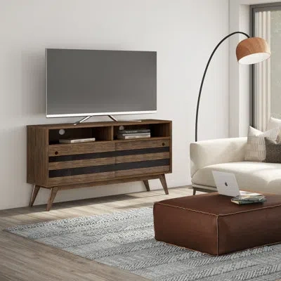 Simpli Home Clarkson 54"w Solid Acacia Mid-century Modern Tall Tv Stand For Tvs Up To 60" With Sliding Doors