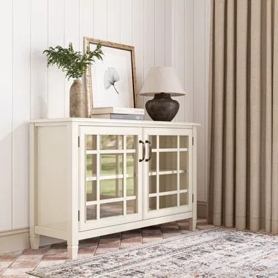 Simpli Home Connaught 46"w Solid Wood Traditional Low Storage Cabinet With Glass Doors And Adjustable Shelves In Antique White
