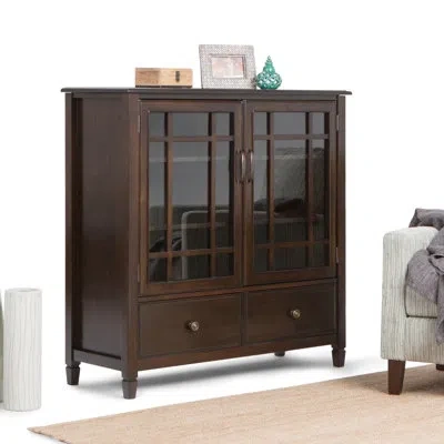 Simpli Home Connaught 46"w Solid Wood Traditional Tall Storage Cabinet With Glass Doors And Adjustable Shelves In Dark Chestnut Brown