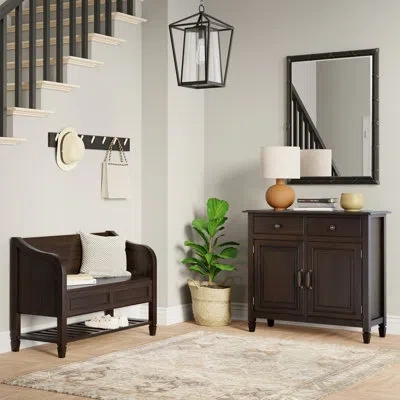 Simpli Home Connaught Solid Wood 42 Inch Wide Storage Bench With Shelf And 40 Inch Wide Storage Cabinet In Dark  In Chestnut Brown
