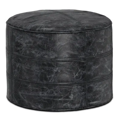 Simpli Home Connor 18"w Round Pouf In Distressed Black Genuine Leather