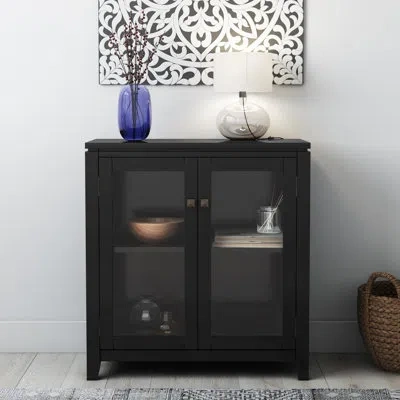Simpli Home Cosmopolitan 30"w Solid Wood Modern Low Storage Cabinet With Glass Doors And Adjustable Shelves In Black