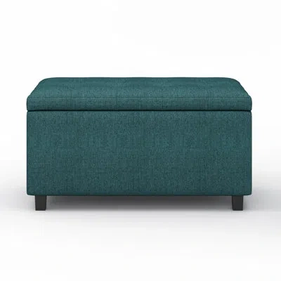 Simpli Home Cosmopolitan 34"w Upholstered Polyester Fabric Contemporary Rectangular Lift-up Storage Ottoman Benc In Teal,polyester Blend