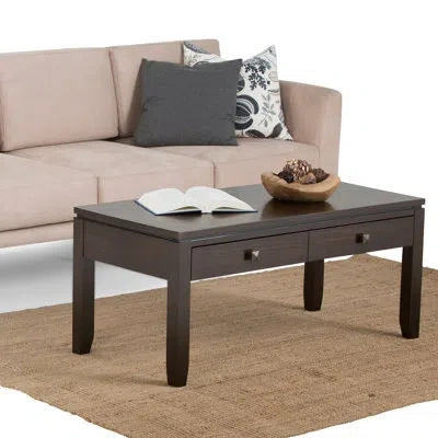 Simpli Home Cosmopolitan 42"w Solid Wood Contemporary Coffee Table With 2 Drawers And Square Brushed Nickel Knob In Mahogany Brown