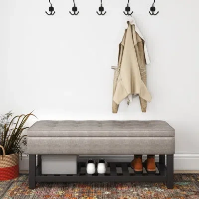 Simpli Home Cosmopolitan 44"w Vegan Leather Transitional Storage Ottoman Bench With Tufted Lift-top And Open She In Distressed Gray Taupe