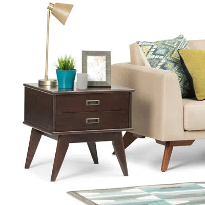 Simpli Home Draper 22"w Solid Wood Mid-century Modern Rectangular End Table With 2 Storage Drawers In Auburn Brown