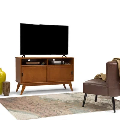 Simpli Home Draper 54"w Solid Wood Mid-century Modern Tall Tv Stand For Tvs Up To 60" With 2 Sliding Doors And O In Teak Brown
