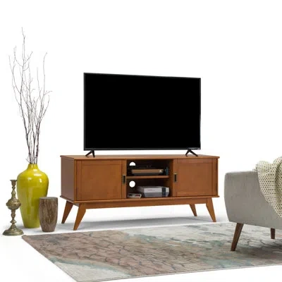 Simpli Home Draper 60"w Solid Wood Mid-century Modern Low Tv Stand For Tvs Up To 65" With 2 Cabinets And Open Sh In Teak Brown