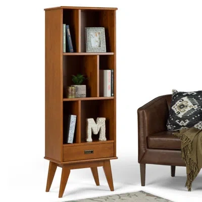 Simpli Home Draper 64"h Solid Wood Mid-century Modern Bookshelf With Adjustable Shelves And Angled Legs In Teak Brown