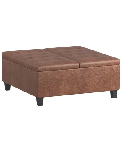 Simpli Home Ellis 36in Contemporary Square Coffee Table Storage Ottoman In Brown