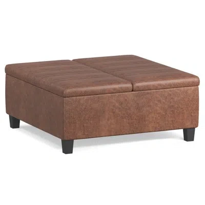 Simpli Home Ellis 36"w Upholstered Vegan Leather Modern Square Coffee Table Storage Ottoman With Split Lift-top In Distressed Saddle Brown Faux Leather