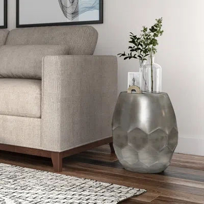 Simpli Home Flanigan 16"w Metal Transitional End Table With Drum Design And Honeycomb Pattern, Assembled In Antique Silver