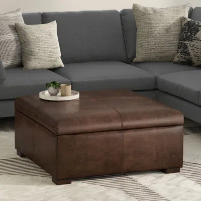 Simpli Home Gabbie 36"w Upholstered Vegan Leather Contemporary Square Lift-up Coffee Table Storage Ottoman With  In Dark Brown