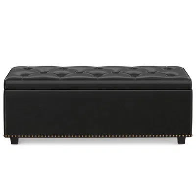 Simpli Home Hamilton 44"w Upholstered Lift-top Storage Ottoman With Nailhead Trim And Tufted Detailing In Brown Faux Leather