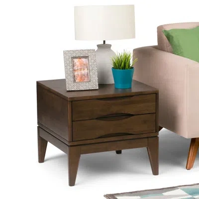Simpli Home Harper 22"w Solid Wood Mid-century Modern End Table With 2 Drawers In Walnut Brown