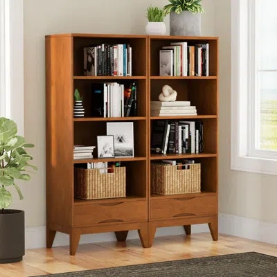 Simpli Home Harper 24w 4 Shelf Bookcase With Drawer (set Of 2) In Teak Brown