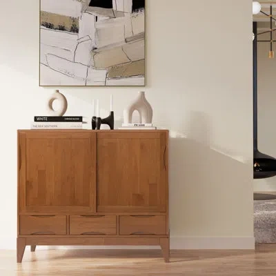 Simpli Home Harper 48"w Solid Hardwood Mid-century Modern Medium Storage Cabinet With Sliding Doors And Drawers In Teak Brown
