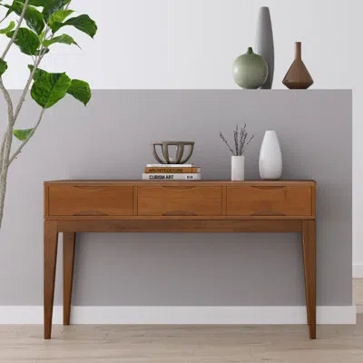 Simpli Home Harper 54"w Solid Wood Mid-century Modern Sofa Table With 3 Drawers, Notched Handles And Tapered Leg In Teak Brown