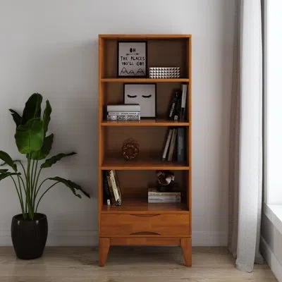 Simpli Home Harper 60"h Solid Wood Mid-century Modern Bookshelf With Open Shelves And Tapered Legs In Teak Brown