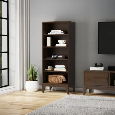 Simpli Home Harper 66"h Solid Wood Mid-century Modern 5-shelf Bookshelf With Angled Frame And Tapered Legs In Brown
