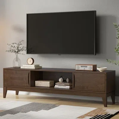 Simpli Home Harper 72"w Solid Wood Mid-century Modern Low Tv Stand For Tvs Up To 80" With 2 Cabinets And Open Sh In Walnut Brown