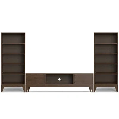Simpli Home Harper Solid Hardwood Mid Century Modern 72 Inch Wide Tv Stand With Two 24 Inch Wide Bookcases In Wa In Walnut Brown