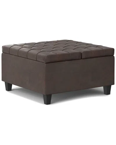 Simpli Home Harrison 36in Transitional Square Coffee Table Storage Ottoman In Gray