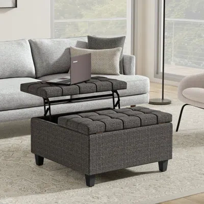 Simpli Home Harrison 30"w Upholstered Transitional Square Lift-top Ottoman With Hidden Storage In Gray Polyester