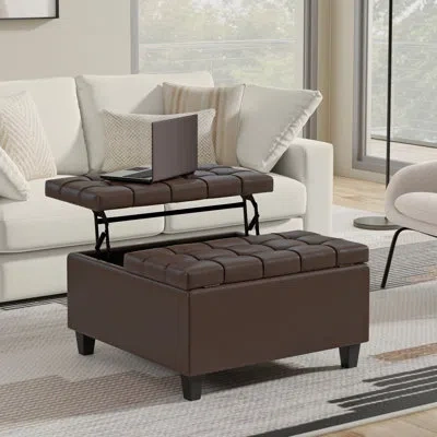 Simpli Home Harrison 30"w Upholstered Transitional Square Lift-top Ottoman With Hidden Storage In Harrison Brown Faux Leather