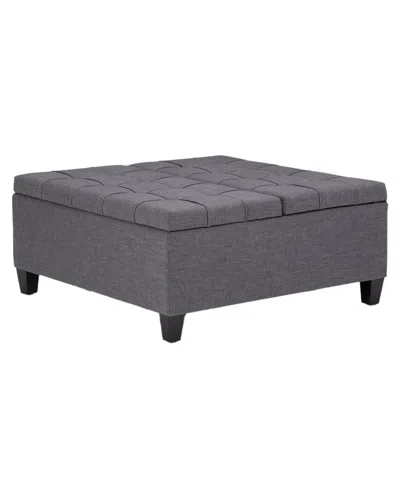 Simpli Home Harrison 36in Transitional Square Coffee Table Storage Ottoman In Gray