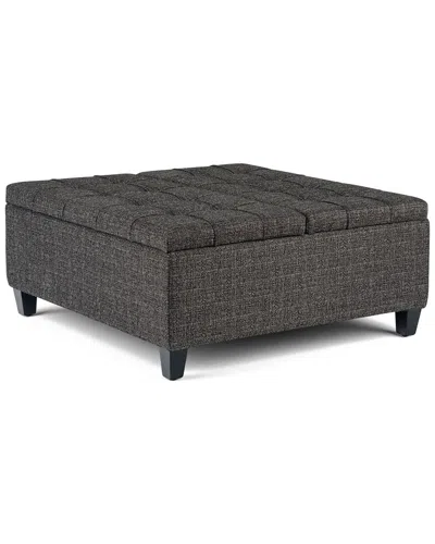 Simpli Home Harrison 36in Transitional Square Coffee Table Storage Ottoman In Gray